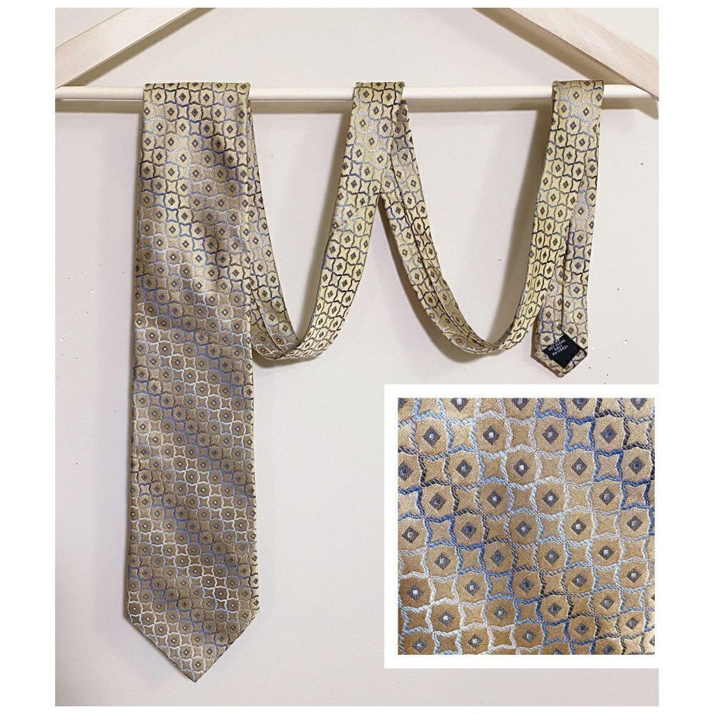 Joseph & Feiss International Tan/Blue Geometric Print Silk Neck Tie